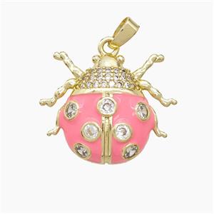 Copper Ladybug Pendant Pave Zirconia Pink Enamel Gold Plated, approx 20-22mm