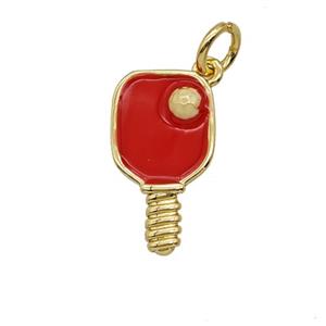 Pickleball Paddle Charms Copper Pendant Red Enamel Sports Gold Plated, approx 10-16mm