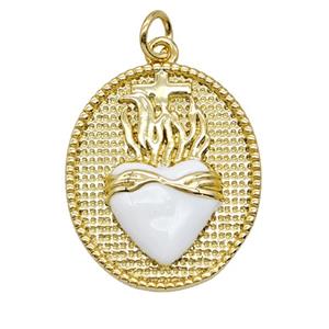 Copper Sacred Heart Pendant White Enamel Oval Gold Plated, approx 20-23mm