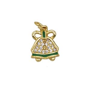 Christmas Bell Charms Copper Pendant Pave Zirconia Green Enamel Gold Plated, approx 8-9mm