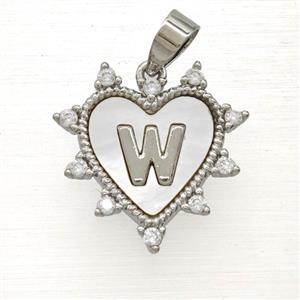 Copper Letter-W Heart Pendant Pave Zirconia Shell Platinum Plated, approx 21mm