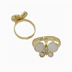 Copper Butterfly Ring Pave White Shell Adjustable Gold Plated, approx 13-16mm, 18mm dia