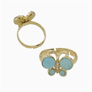 Copper Butterfly Ring Pave Teal Shell Adjustable Gold Plated, approx 13-16mm, 18mm dia