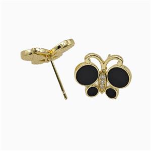 Copper Butterfly Stud Earrings Pave Black Shell Gold Plated, approx 13-16mm
