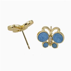 Copper Butterfly Stud Earrings Pave Blue Shell Gold Plated, approx 13-16mm