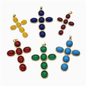 Copper Cross PEndant Pave Catseye Glass Gold Plated Mixed, approx 37-53mm