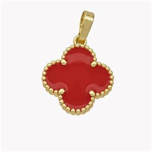 Copper Clover Pendant Red Enamel 18K Gold Plated, approx 16mm