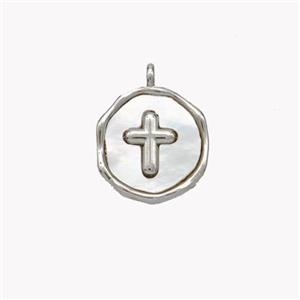 Copper Cross Pendant Pave Shell Circle Platinum Plated, approx 12mm