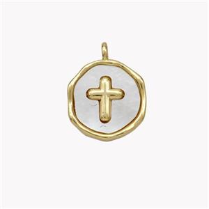 Copper Cross Pendant Pave Shell Circle Gold Plated, approx 12mm