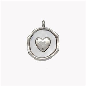 Copper Heart Pendant Pave Shell Circle Platinum Plated, approx 12mm