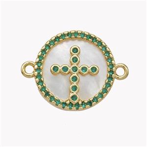 Copper Cross Connector Pave Shell Zirconia Circle 18K Gold Plated, approx 17mm