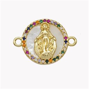 Copper Virgin Mary Connector Pave Shell Zirconia Circle 18K Gold Plated, approx 17mm