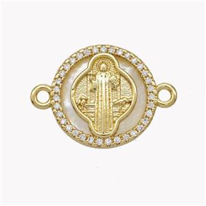 Copper Saint Jude Connector Pave Shell Zirconia Circle 18K Gold Plated, approx 17mm