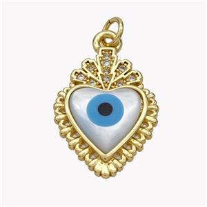 Copper Heart Pendant Pave Shell Zirconia Evil Eye 18K Gold Plated, approx 16-25mm