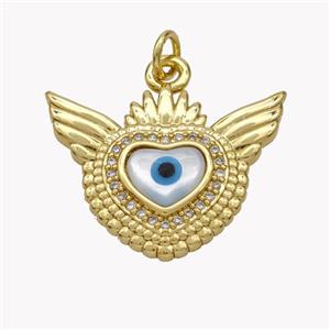 Copper Angel Wings Pendant Pave Shell Zirconia Heart Evil Eye 18K Gold Plated, approx 20-24mm