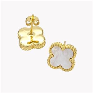 Copper Clover Stud Earrings Pave Shell 18K Gold Plated, approx 13mm