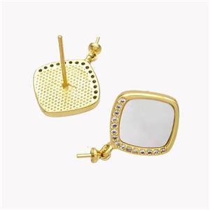 Copper Square Stud Earrings Pave Shell 18K Gold Plated, approx 14mm