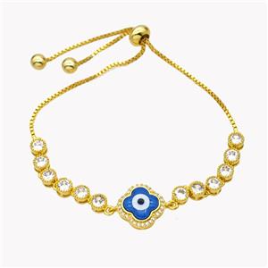 Copper Eveil Eye Clover Bracelet Pave Zirconia Adjustable 18K Gold Plated, approx 13mm, 5mm, 24cm length