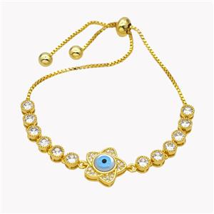 Copper Eveil Eye Flower Bracelet Pave Zirconia Adjustable 18K Gold Plated, approx 13mm, 5mm, 24cm length