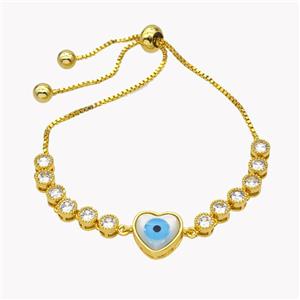 Copper Eveil Eye Heart Bracelet Pave Zirconia Adjustable 18K Gold Plated, approx 11.5mm, 5mm, 24cm length