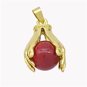 Copper Hand Pendant Pave Pearlized Resin Ball Red Gold Plated, approx 16mm, 20-25mm