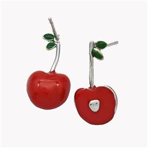 Copper Cherry Stud Earrings Red Enamel Platinum Plated, approx 11-20mm