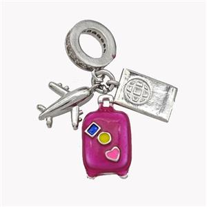 Airplanet and Travel-box Pendant Hotpink Enamel Platinum Plated, approx 11mm, 10-14mm, 10mm dia