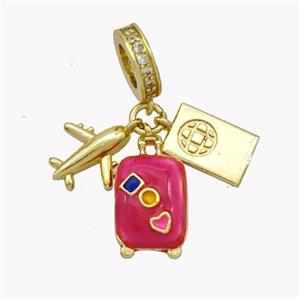 Airplanet and Travel-box Pendant Hotpink Enamel Gold Plated, approx 11mm, 10-14mm, 10mm dia