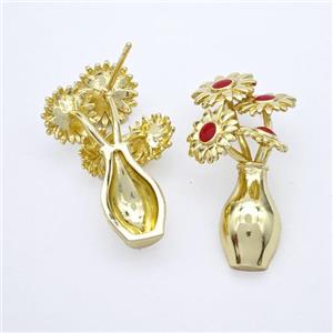 Copper Flower Stud Earrings Red Enamel Plant Gold Plated, approx 18-30mm