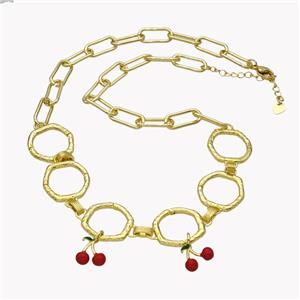 Copper Necklace With Cherry Red Enamel Gold Plated, approx 10-15mm, 20mm, 44-49cm length