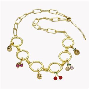 Copper Necklace With Cherry Pave Zirconia Red Enamel Gold Plated, approx 6-11mm, 20mm, 44-49cm length