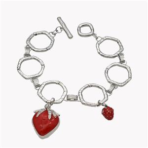 Copper Bracelet With Strawberry Red Enamel Platinum Plated, approx 8-10mm, 18-22mm, 20cm length