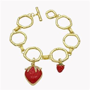 Copper Bracelet With Strawberry Red Enamel Gold Plated, approx 8-10mm, 18-22mm, 20cm length