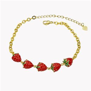 Copper Strawberry Bracelet Red Enamel Gold Plated, approx 8-10mm, 20-25cm length