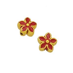 Copper Flower Beads Red Painted Gold Plated, approx 8mm