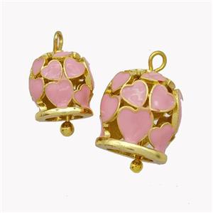 Copper Bell Pendant Pink Enamel Heart Gold Plated, approx 13mm