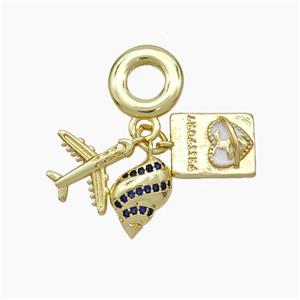 Copper Airplane Passport And Nautilus Shell Pendant Pave Zirconia Enamel Heart Gold Plated, approx 10-12mm, 10mm dia