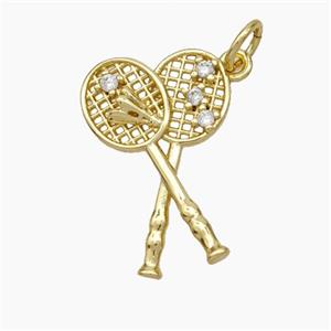 Badminton Racket Charms Copper Pendant Pave Zirconia Sports Gold Plated, approx 12-20mm