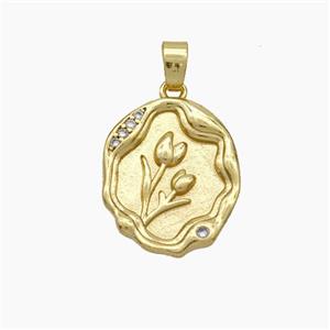 Copper Tulip Pendant Pave Zirconia Flower Gold Plated, approx 14-16mm