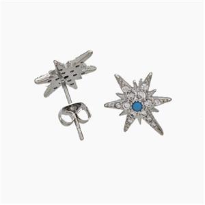 Copper Star Stud Earrings Pave Zirconia Platinum Plated, approx 10-13.5mm