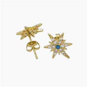 Copper Star Stud Earrings Pave Zirconia Gold Plated, approx 10-13.5mm