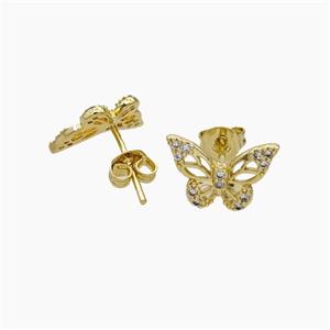 Copper Butterfly Stud Earrings Pave Zirconia Gold Plated, approx 8-12mm