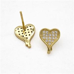 Copper Heart Stud Earrings Pave Zirconia Gold Plated, approx 8-10mm