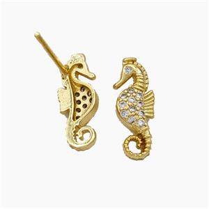 Copper Seahorse Stud Earrings Pave Zirconia Gold Plated, approx 5.5-14mm