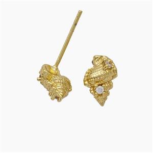 Trochild Shell Charms Copper Stud Earrings Pave Zirconia Gold Plated, approx 6.5-10mm