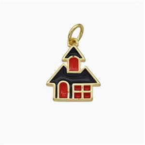 Halloween Castle Charms Copper House Pendant Black Red Enamel Gold Plated, approx 12-13mm