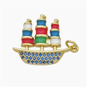 Ship Charms Copper Sailboat Pendant Pave Zirconia Multicolor Enamel Gold Plated, approx 21-22mm