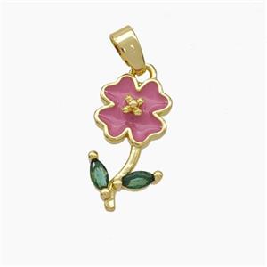 Copper Flower Pendant Pave Zirconia Pink Enamel Gold Plated, approx 9-16mm