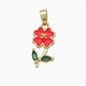 Copper Flower Pendant Pave Zirconia Red Enamel Gold Plated, approx 9-16mm