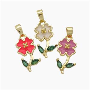 Copper Flower Pendant Pave Zirconia Enamel Gold Plated Mixed, approx 9-16mm